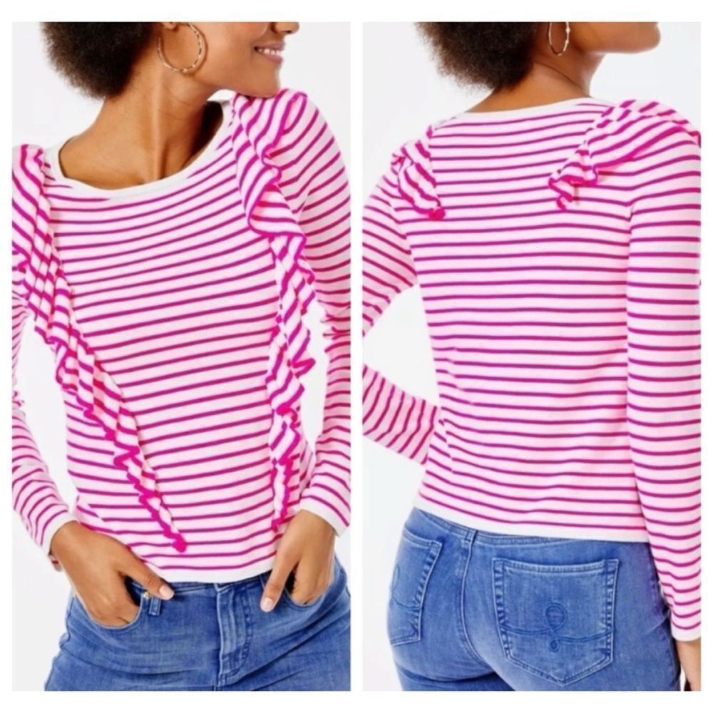 Lilly Pulitzer Ruth Ruffle Striped Sweater - Pink Tango Size M - Picture 3 of 9